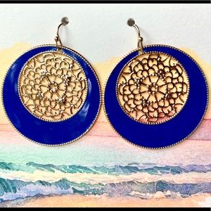 Blue Gold Filigree Round Circle Chandelier Earring